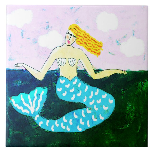 Deep Blue Sea Mermaid Painting Ceramic Tile (Front)