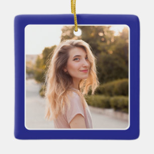 Deep Blue Square Photo Double Border Graduate Ceramic Ornament
