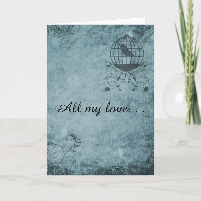 Deep Blue Steampunk Bird Cage Greeting Card (Front)