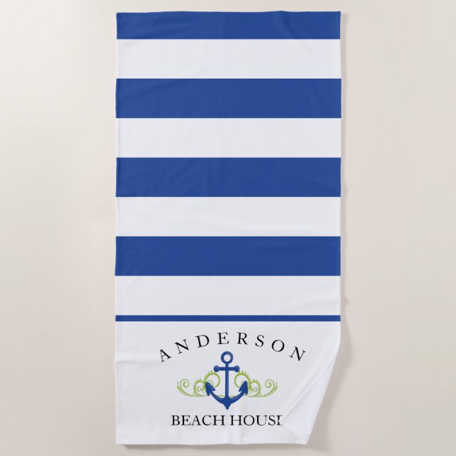 Deep Blue Stripe personalised Beach House Towel (Front)