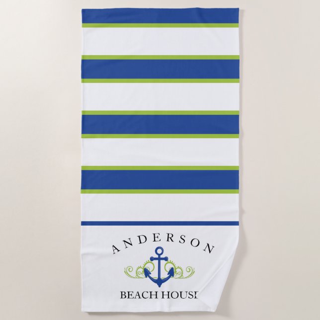 Deep Blue Stripe personalised Beach House Towel (Front)