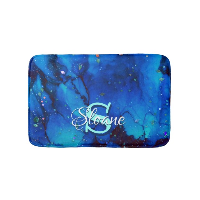 Deep Blue Underwater Alcohol Ink Painting Bath Mat (Front)