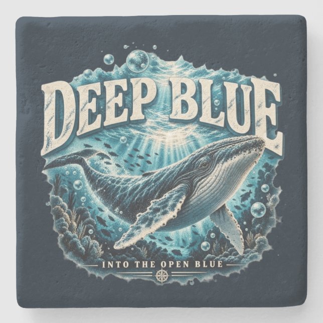 DEEP BLUE Whale Ocean Adventure Stone Coaster (Front)