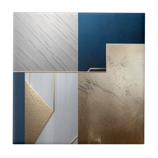 Deep blue, white and golden geometric ceramic tile (Front)