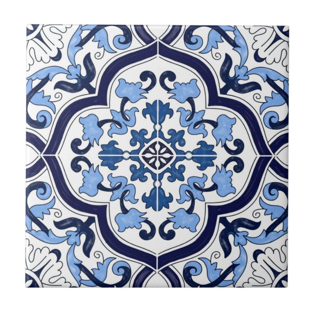 Deep Blue White Floral Sicilian Majolica Mosaic Ceramic Tile (Front)