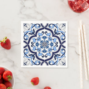 Deep Blue White Floral Sicilian Majolica Mosaic Napkin