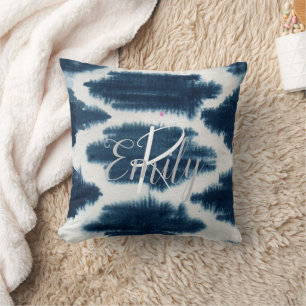 Deep Blue & White Shibori Tie Dye Monogram Name Cushion