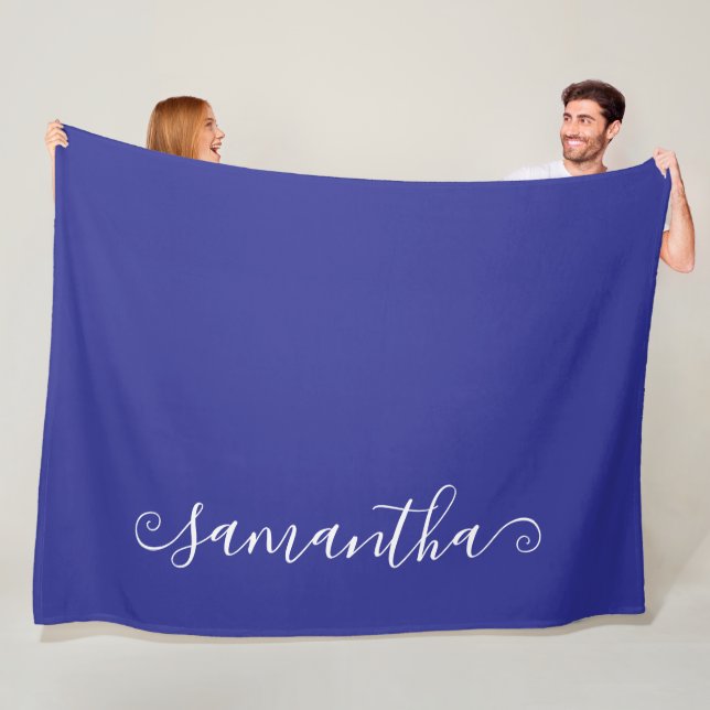 Deep Blue White Short Curly Swash Signature Name Fleece Blanket (In Situ)