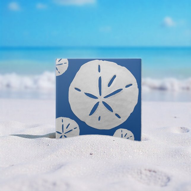 Deep Blue & White Tropical Beach Sand Dollar Ceramic Tile (Creator Uploaded)