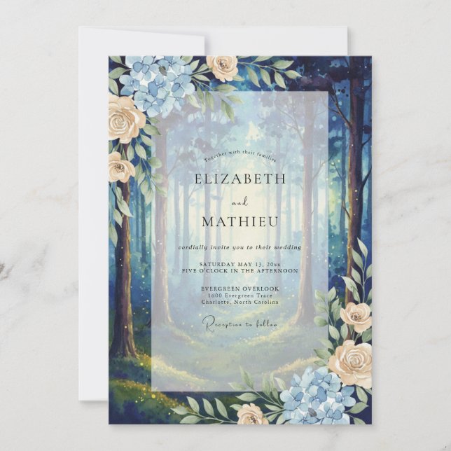 Deep Blue Woodland Bloom Wedding Invitation (Front)