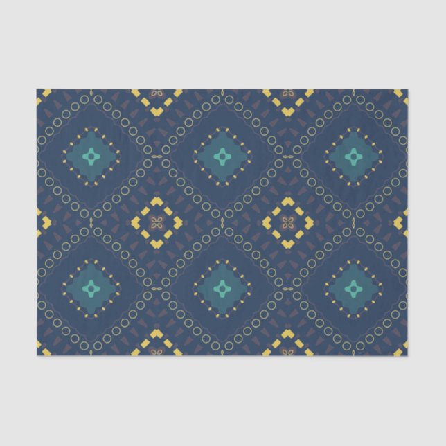 Deep Blue Yellow Ethnic Boho Tibal Mosaic Pattern Tissue Paper (Front)