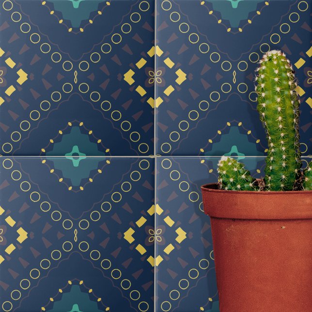 Deep Blue Yellow Geometric Shapes Mosaic Pattern Ceramic Tile (Creator Uploaded)