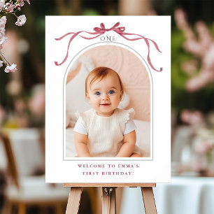 Deep Blush Pink Bow 1st Birthday Photo Welcome Poster