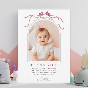 Deep Blush Pink Bow Birthday Arch Photo Thank You Card