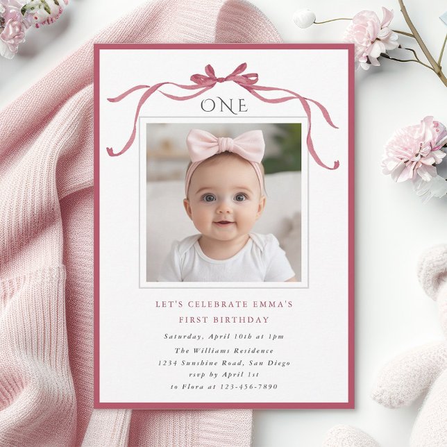 Deep Blush Pink Bow Girl 1st Birthday Party Photo Invitation (Creator Uploaded)