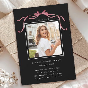 Deep Blush Ribbon Bow Graduation Party Photo Black Invitation