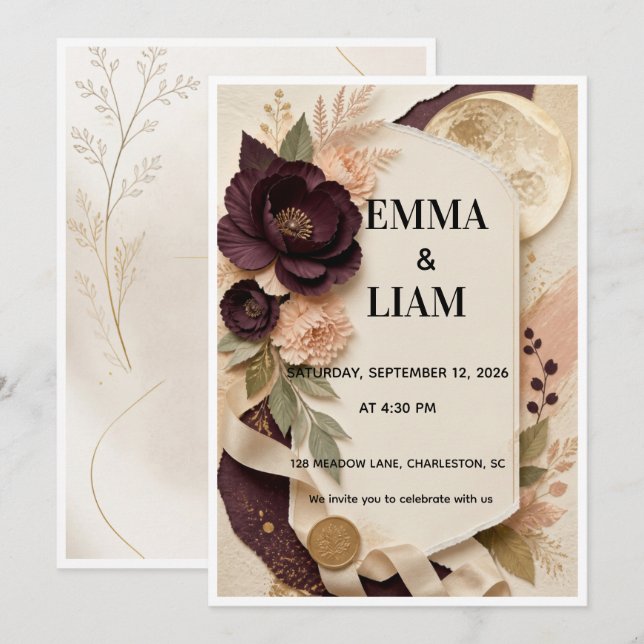 Deep Botanical Archway Wedding Invitation (Front/Back)