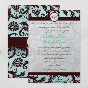 Deep Brown Damask Aqua Blue Wedding Invitation