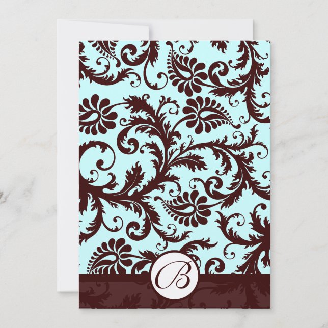 Deep Brown Damask Aqua Blue Wedding Invitation (Front)