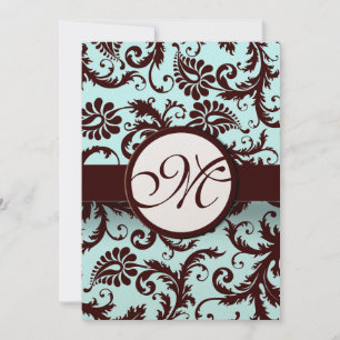 Deep Brown Damask Aqua -Larger Monogram on Back Invitation