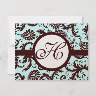 Deep Brown Damask Swirl on Light Aqua-Change Aqua RSVP Card