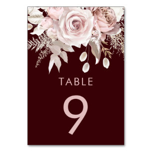 Deep Burgundy & Blush Floral Wedding Reception Table Number