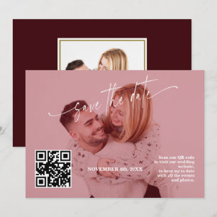 Deep Burgundy Calligraphy QR Code Photo Wedding Save The Date