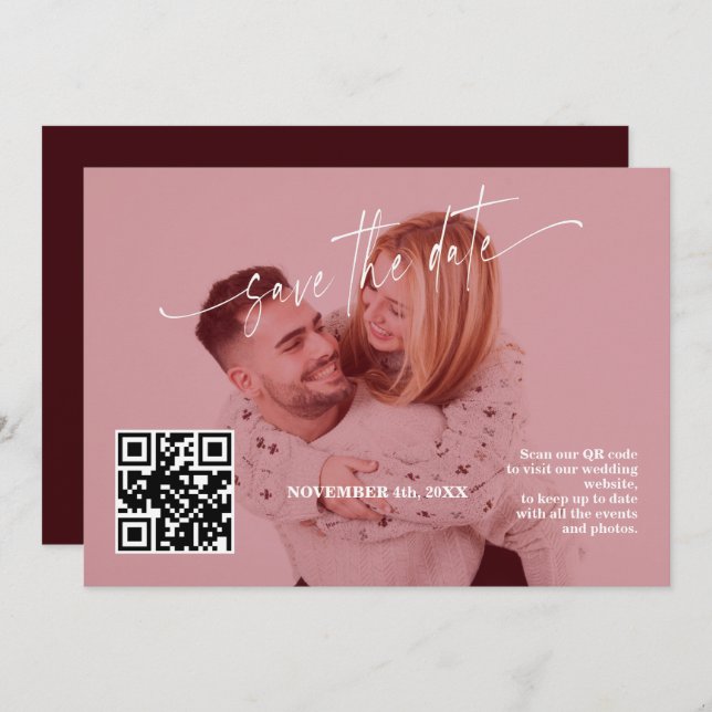Deep Burgundy Calligraphy QR Code Photo Wedding   Save The Date (Front/Back)