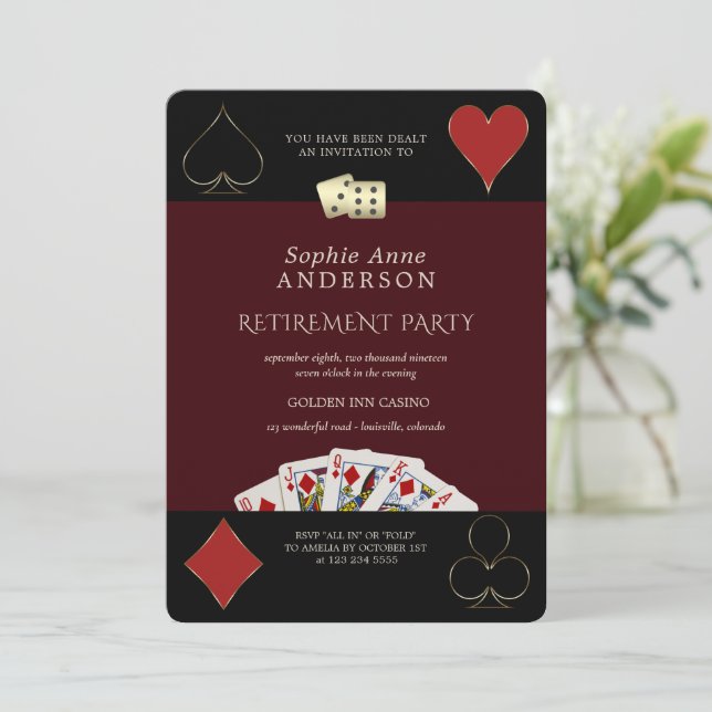 Deep Burgundy Casino Vegas Poker Retirement Party  Invitation (Standing Front)
