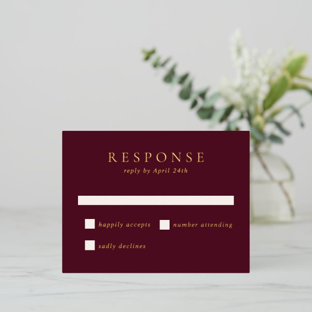 Deep Burgundy Classic Foil Wedding RSVP Card (Standing Front)