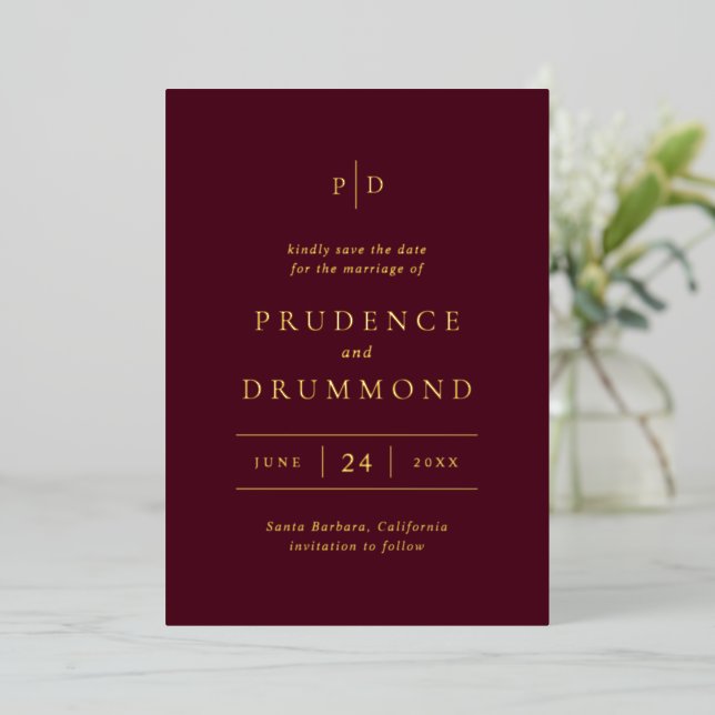 Deep Burgundy Classic Wedding Foil Save the Date (Standing Front)