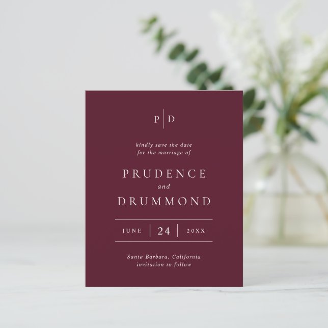 Deep Burgundy Classic Wedding Save the Date (Standing Front)