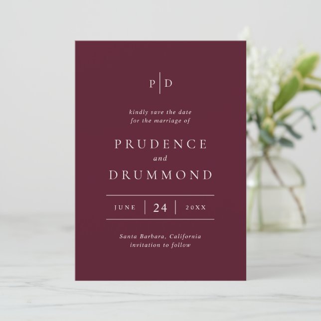 Deep Burgundy Elegant Classic Wedding Save The Date (Standing Front)