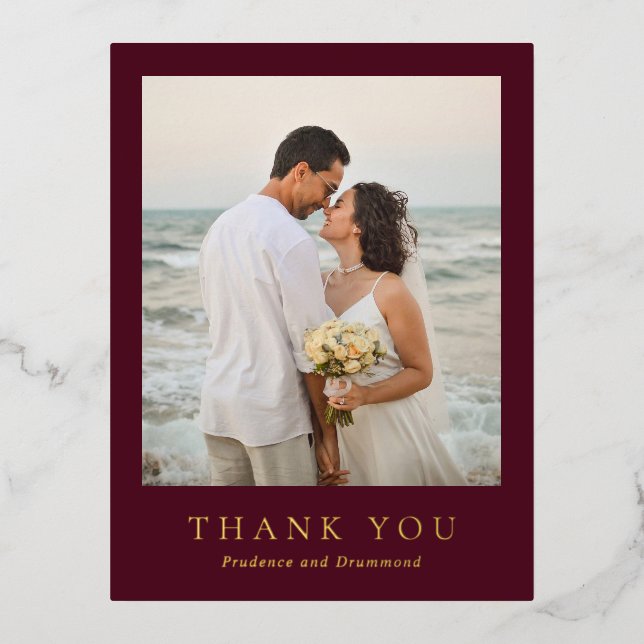 Deep Burgundy Elegant Classic Wedding Thank You Foil Invitation Postcard (Front)