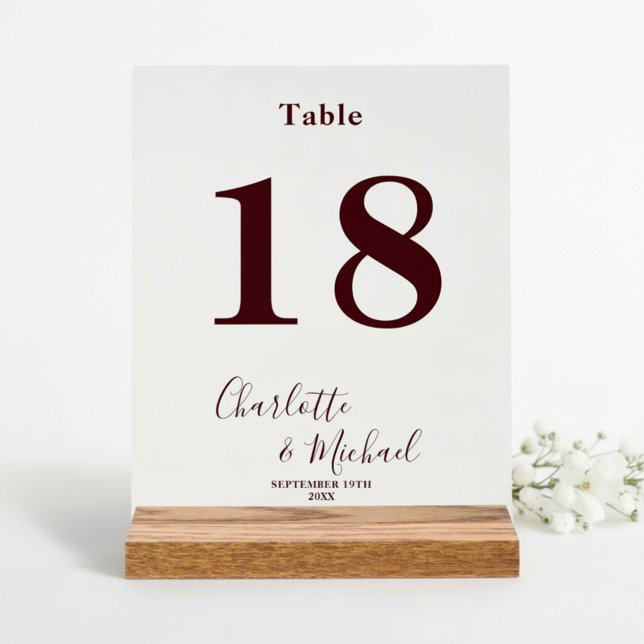 Deep Burgundy Elegant Wedding Table Number Acrylic Sign (Creator Uploaded)
