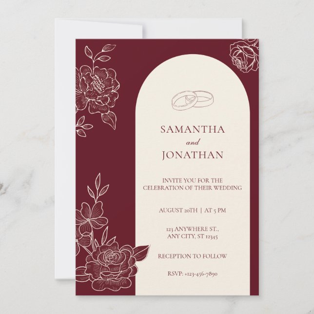 Deep Burgundy Floral Arch Photo Back Wedding Invitation (Front)