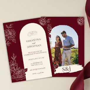 Deep Burgundy Floral Arch Photo Back Wedding Invitation
