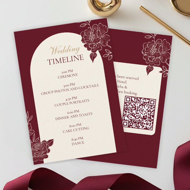 Deep Burgundy Floral Arch Wedding Timeline Card (Deep Burgundy Floral Line Art with Ivory Arch  Wedding Timeline Card with Barcode)