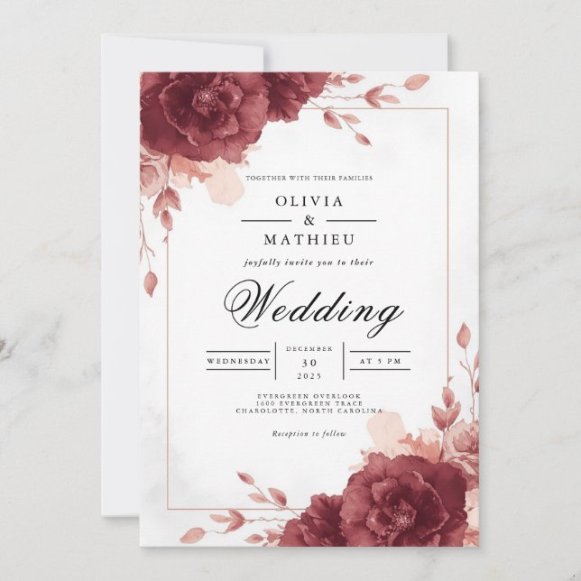 Deep Burgundy Floral Archway Wedding Invitation (Front)