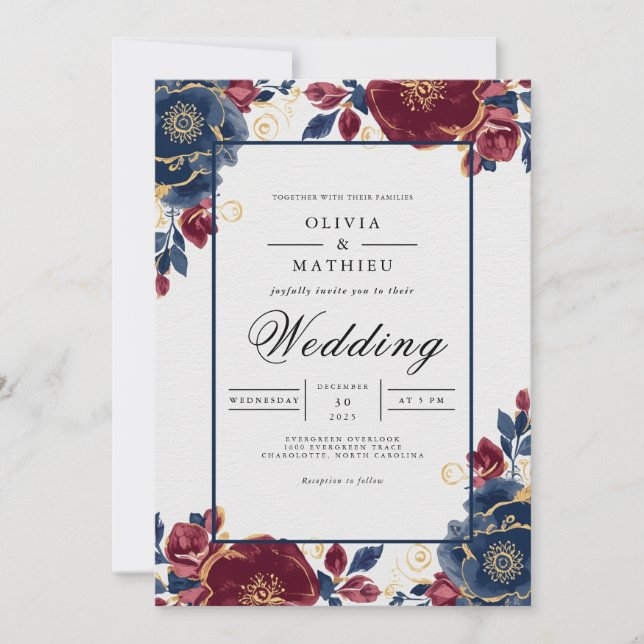 Deep Burgundy Floral Frame Wedding Invitation (Front)