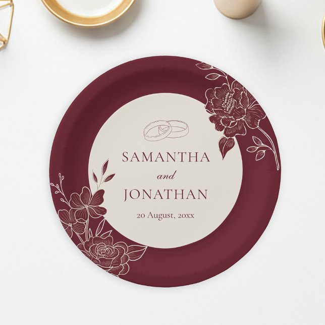 Deep Burgundy Floral Ivory Circle Wedding Paper Plate (Deep Burgundy Floral Line Art with Ivory Wedding Paper Plate)