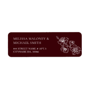 Deep Burgundy Floral Line Art  Return Address Label