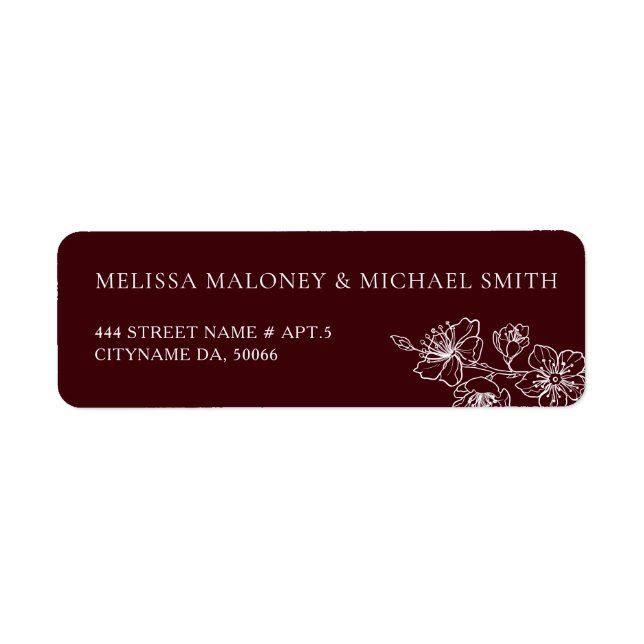 Deep Burgundy Floral Line Art  Return Address Label (Front)