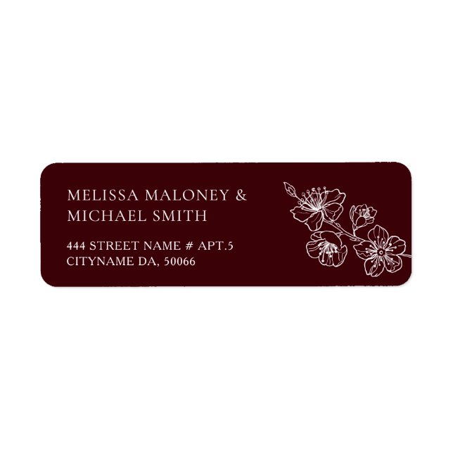 Deep Burgundy Floral Line Art  Return Address Label (Front)