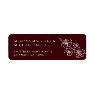 Deep Burgundy Floral Line Art Return Address Label
