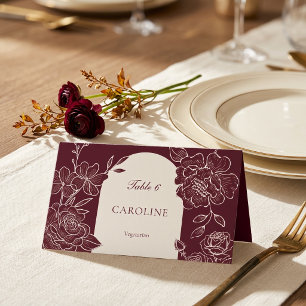 Deep Burgundy Floral Meal Choice Wedding Table Place Card