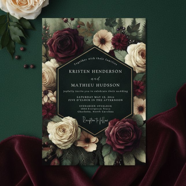 Deep Burgundy Floral Romance Wedding Invitation (Creator Uploaded)