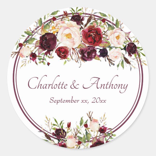Deep Burgundy Floral Wedding Classic Round Sticker (Front)
