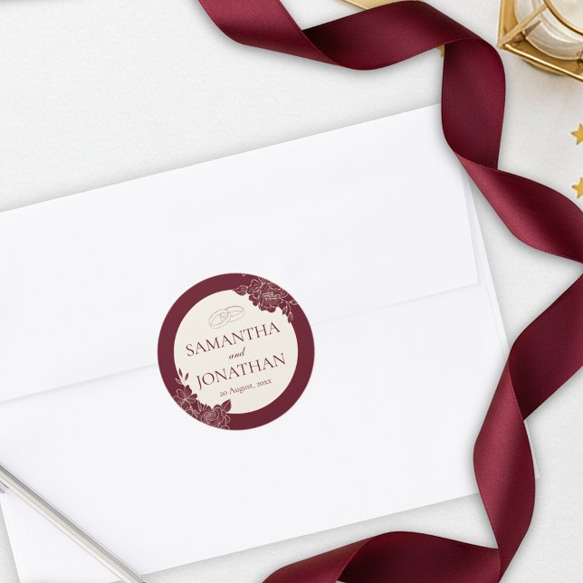 Deep Burgundy Floral Wedding Envelope Seal (Deep Burgundy Floral Line Art with Ivory Circle Envelope Seal Wedding Sticker)