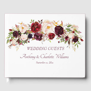 Deep Burgundy, Floral, Wedding Guest Book